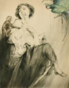 Fernand Toussaint (1873-1955), an elegant lady with a parrot and a monkey, lithograph, signed, 17.