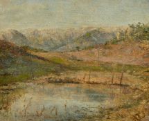 20th Russian School, An Impressionist landscape with pond, fields and mountains, oil on board, 9