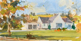 Attributed to Geoffrey Chatten, A garden scene with a whitewashed bungalow, oil on board, 7.75