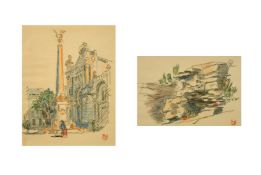 Early 20th Century, A set of four sketches of various scenes, all signed with an ink stamp, framed