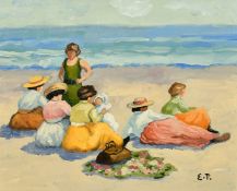 American School 20/21st Century, Family on a beach, oil on board, monogrammed E.P, 9.75