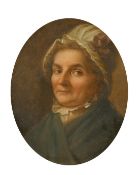 19th Century, Portrait of a lady wearing a white hat with a pink bow, oil, oval, 4