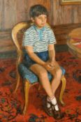 Stephen Crowther (20th Century) Portrait of a young boy seated, 'Peter watching television', oil