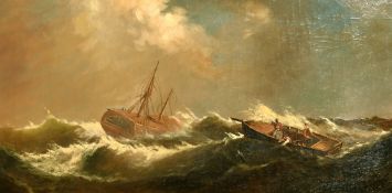 19th Century English School, figures in a rowing boat approaching a stricken vessel in choppy