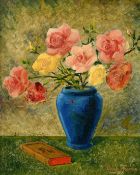Denise House (20th Century) A still life of pink and yellow roses in a blue vase and a book, oil