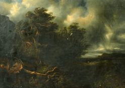 19th Century Continental School, a distant view of a shepherd and his flock under stormy skies,