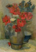 20th Century French School, a still life of red and white flowers in a jug, oil on board,
