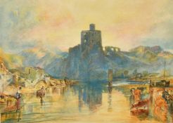 19th Century School, after Turner, an unframed watercolour of castle ruins above a lake, 6