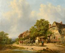 Richard Hilder (1813-1852) British, figures gathered outside the Bell Inn, with inscription '