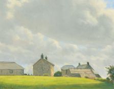Robert Morson Hughes (20th Century) Stone houses and buildings beneath a cloudy sky, oil on board,