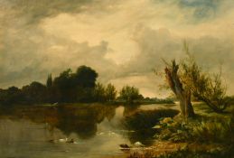 Attributed to Sydney Richard Percy (1821-1886) British, A river landscape with ducks in the