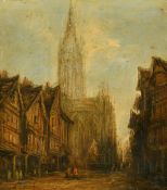 Follower of H. Schafer (19th Century) Timber framed buildings, figures in the lane, with a cathedral