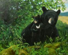 Dmitri Dalinine (b. 1964) Russian, a black bear and her cub sat amongst foliage, oil on canvas,