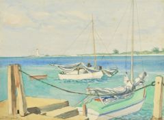 Dorothy Whitton, Boats by a quayside with a red topped lighthouse on a point beyond, watercolour,