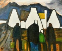 After Markey Robinson, figures by buildings with hills beyond, oil on board, bears signature, 14