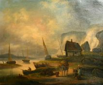 19th Century French School, figures gathered by fishing boats on a coastal inlet, oil on canvas, 24