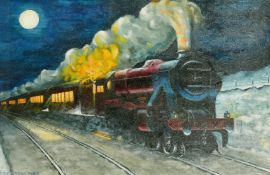 Eric Storr (21st Century) A burgundy steam train under a rising moon, oil on canvas, signed and