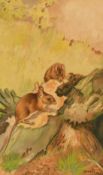 Ernest Alfred Aris (1882-1963) British, two field mice climbing on the roots of a tree, watercolour,