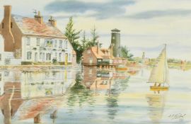 Athanasius Nikolsky (20th Century) 'High Tide in Langstone, Hampshire, with the Royal Oak pub and