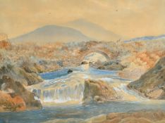 An early 20th century scene of a figure on a stone bridge over a mountain river, watercolour,