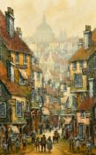 Edward M. Elliot, A fantastical street view with figures, oil on board, signed, 22