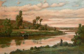 C. Ravel (Late 20th Century) A river landscape with cows and figures on the opposite bank and a pink