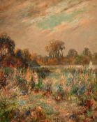 Early 20th Century Scottish School, A view of wildflowers before a lake, oil on panel,