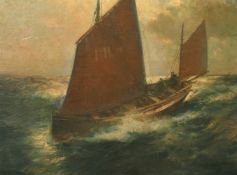 Franz Muller-Gossen (1871-1946) German, a traditional fishing boat riding the waves, oil on board,
