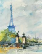 Barry D. Kavanagh, 'Paris scene', the Eiffel Tower, watercolour, signed, label verso, 22.75