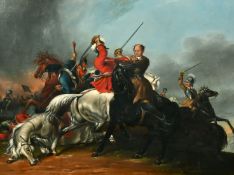 19th Century, A battle scene with horses and men with swords, oil on board, label verso, 14.25