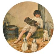 Early 20th Century, A young boy seated on a box playing a concertina to a group of dogs seated on