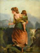 19th Century English School, a mother and child in a mountain landscape, oil on canvas, 18