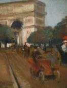 A. Patay (early 20th Century) Figures and motorists on a busy boulevard with L'Arc de Triomphe