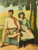 20th Century School, Workers resting beneath a tree, oil on board, indistinctly signed, 32