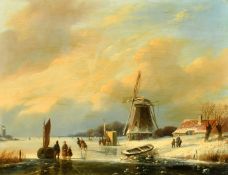 Salomon Leonardus Verveer (1813-1876) Dutch, wayfarers on a frozen waterway, oil on panel, signed