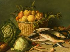R. Caspers, (20th Century) A still life of fruit in a basket, vegetables and fish, oil on board,