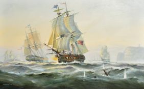 Michael Whitehand (b. 1941) British, British and American warships engaging in battle, oil on