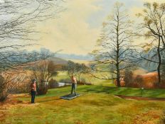 S. Willey (21st Century) Golf scene, Driving off the temporary tee, oil on canvas, signed and