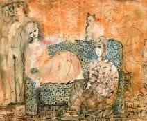 Lydia Corbett (b.1934), figures around a sofa, ink and watercolour, signed and indistinctly dated,