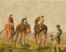 Patricia Vaughan, (b.1922) 'Morning exercise', jockeys mounted and their trainer standing by, oil on