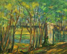 20th Century French School, a colourful tree lined path, oil on board, indistinctly signed, 25.5