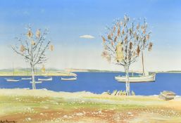 Max Reynolds (20th Century), fishing boats off Ibiza, gouache, signed and inscribed, 18.5