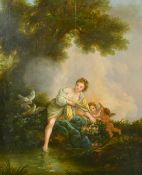 Early 19th Century After Boucher, A scantily clad female nude with putti, doves and flowers by a