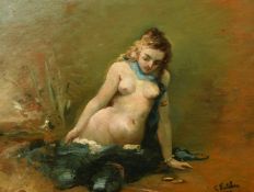 C. Fontallnro, French School, A semi clad female kneeling on a turquoise drape, oil on panel, signed