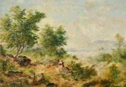19th Century English School, a pair of oil on panel scenes of figures in a landscape, 5