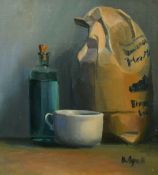 B. Agnelli (20th Century), still life of mixed objects on a tabletop, oil on board, signed, 13