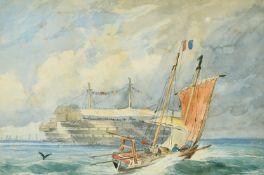 Circle of Eugene Isabey (1803-1886), A French ship with a prison hulk at sea, watercolour with