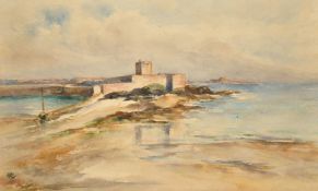 Circle of Jessie Hilson, A coastal castle view with a moored sailing boat, watercolour on board,