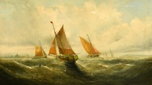 George Knight (19th Century) British, Sailboats on choppy seas nearing a port, oil on canvas,