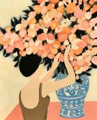 French School in the style of Andre Brasilier, A lady tending a large bouquet of pink and white